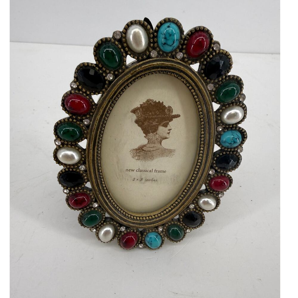 Hollywood Regency Jeweled Brass Picture Frame Ornate Cabochon Crystal Pearl 2x3